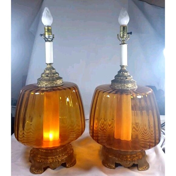 MUST BUY BOTH Vintage Mid Century Hollywood Regency Amber Glass Globe Table Lamp - Picture 5 of 16